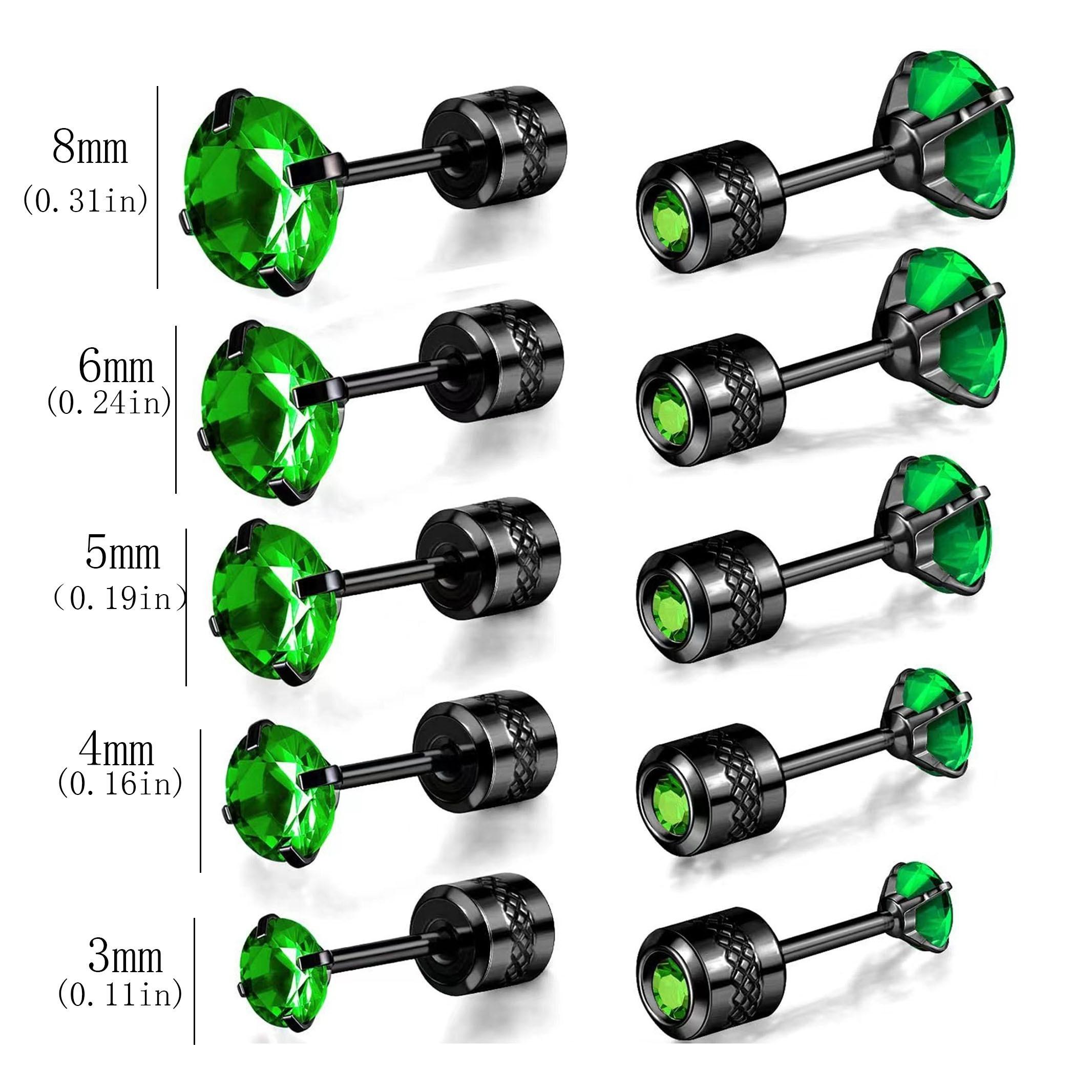 1 Pair Simple Fashion Green Cubic Zirconia Titanium Stainless Steel Cartilage Spiral Stud Earrings for Men Women Daily Jewelry 3mm
