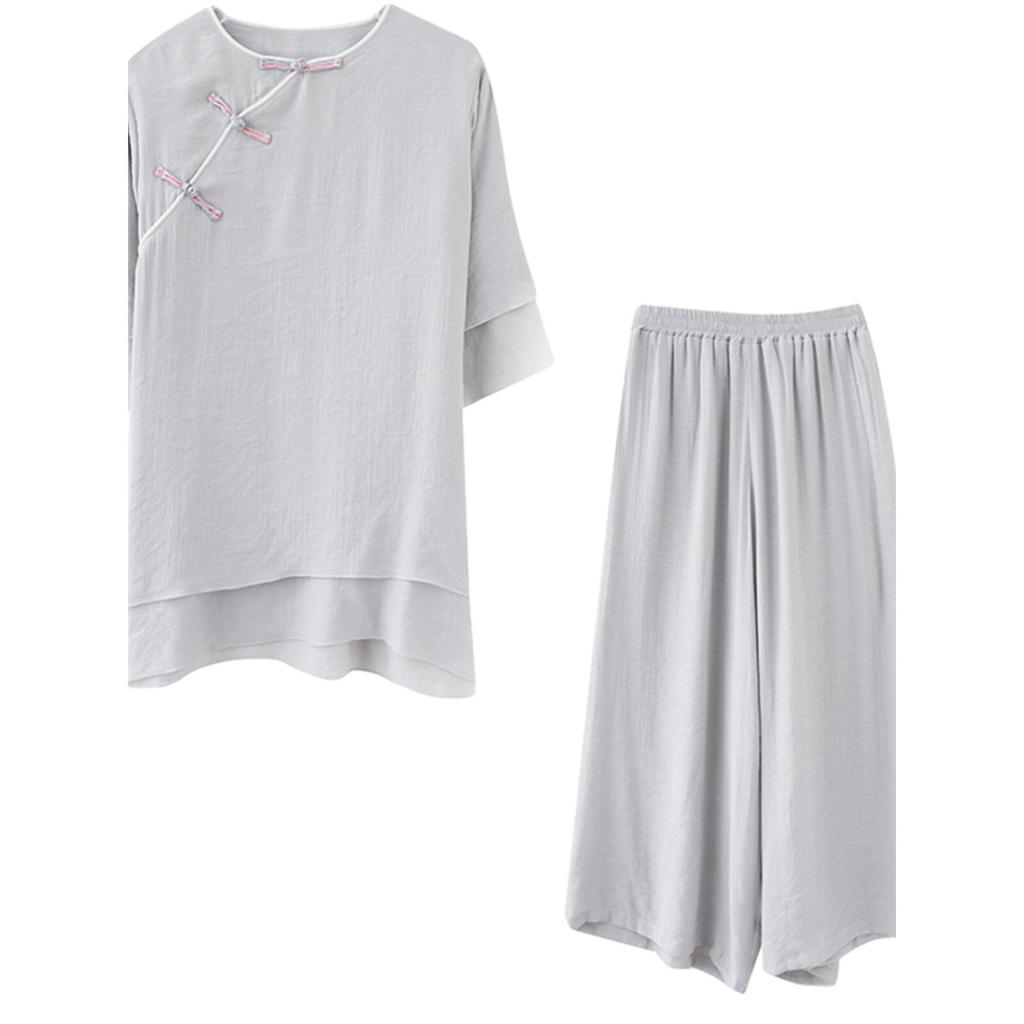 Ensemble 2 pièces Style Chinois pour Femme, Tenue de Yoga, Vêtement de Méditation Bouton Grenouille en Lin, Costume Laïque Bouddhiste Respirant d'Été