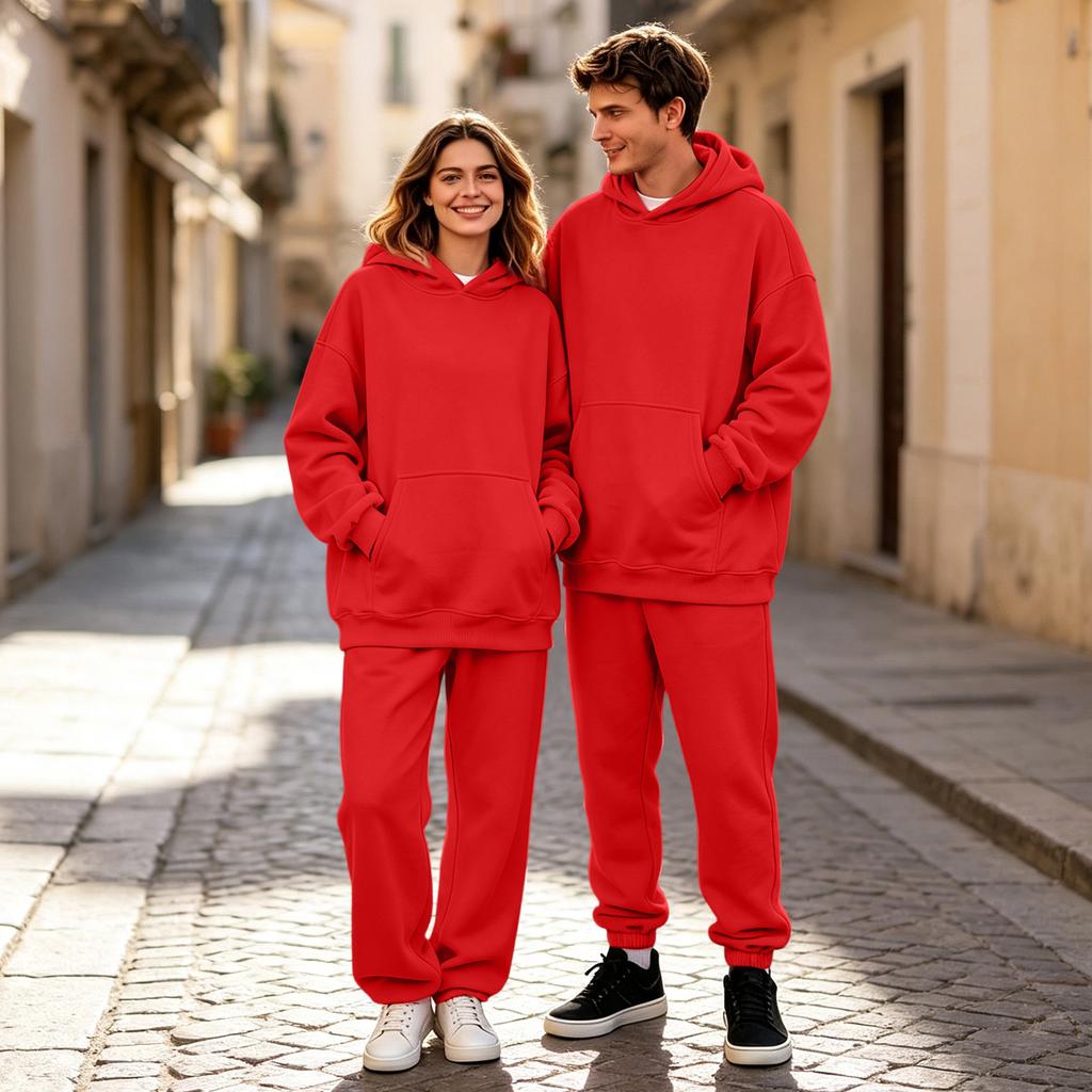 Unisex -Lined Hooded Sweatshirt Set with Print, Casual Streetwear for Men and Women