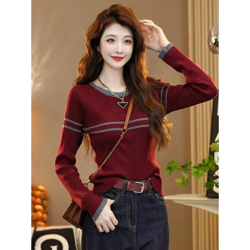 Red Contrasting Striped Long-sleeved Knitted Sweater Autumn New Slim-fitting and Thin Versatile Top