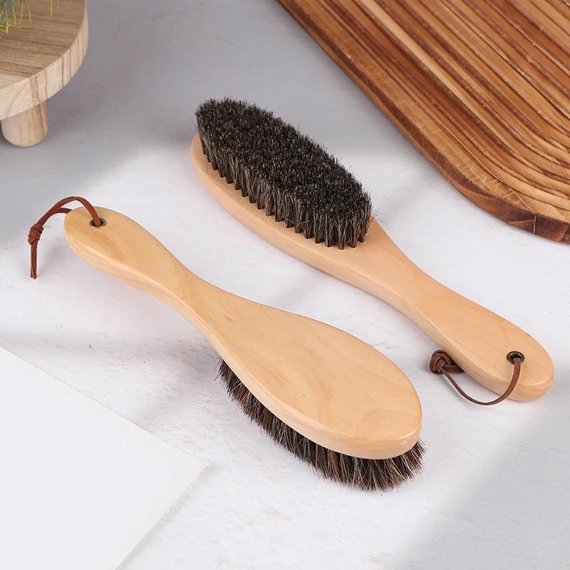 Soft Horse Hair Brush with Wooden Handle Anti-Static Shoe Polish Cleaning Care Brush for Laundry
