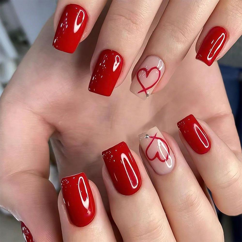 Black Long Coffin Press On Nails Square Tip With Love Heart Print 24Pcs Wearable False Nails For Women Girls Valentine Gift
