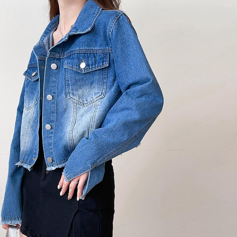 Short Jean Jacket for Women  Autumn Winter New Long Sleeve Turn Down Collar Jackets Vintage Burr Washed Solid Coats