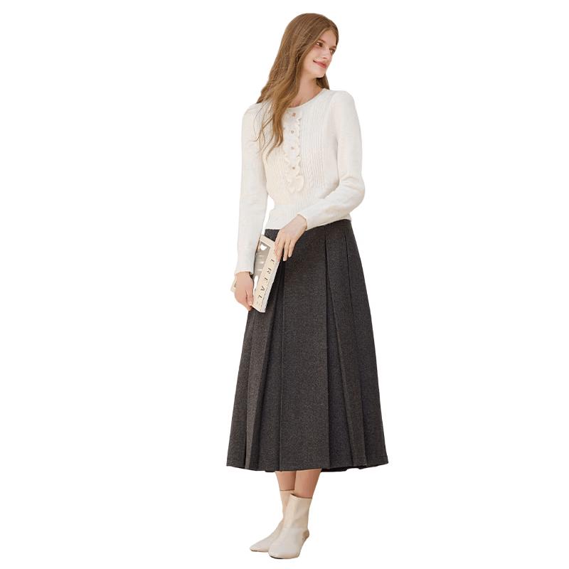 Women s Wool Blend High-Waist Pleated Midi Skirt S