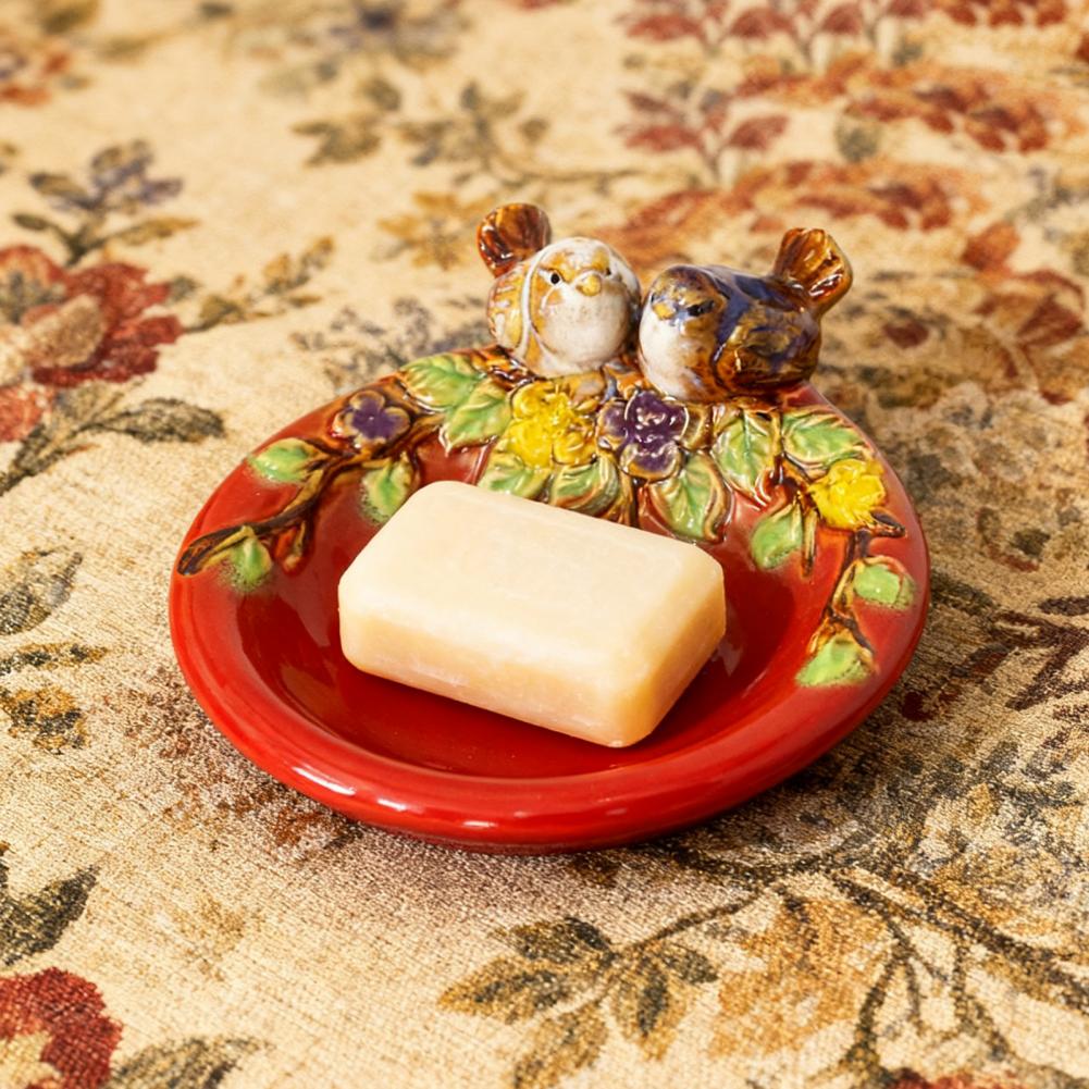 Rustic Serving Tray Handmade Platter Hand-painted Ceramic Tray with Bird Fish Owl Design Multi-functional Jewelry Dish Soap Tray