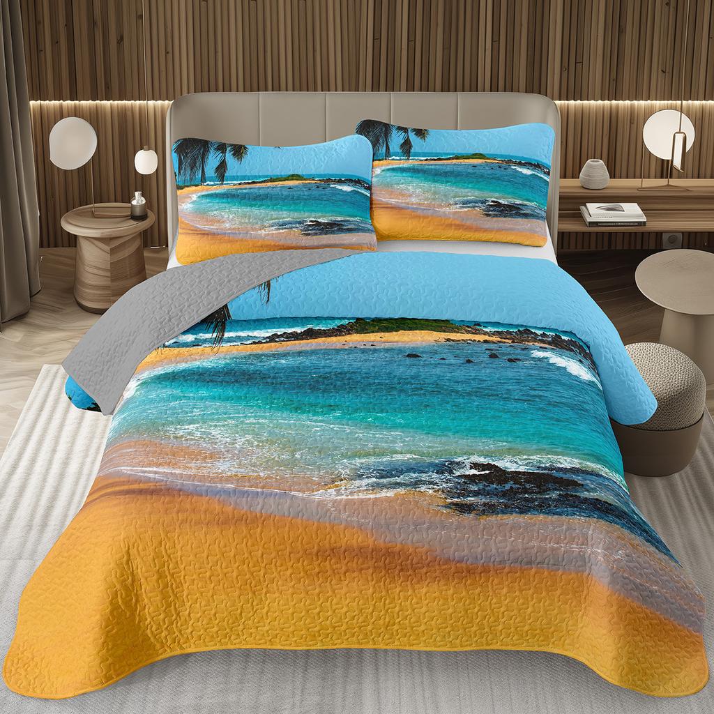 Beach Bedspread Tropical Palm Tree Coverlet SetSea Ocean Quilt Set Twin King Size Seaside Landscape Coastal Theme Bedding Sets