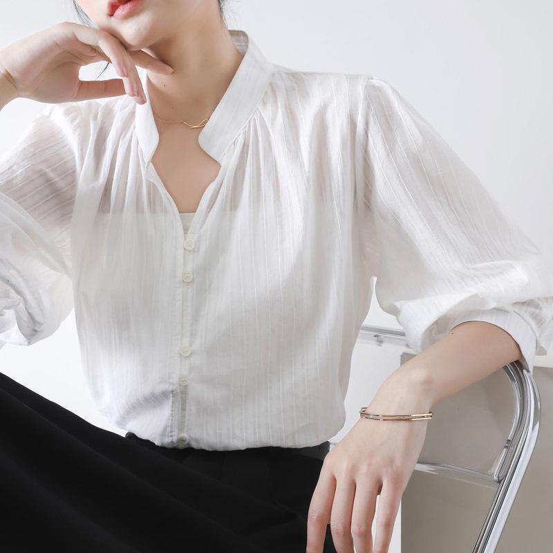 

Корейская рубашка с рукавами-фонариками в стиле ретро, белая - Коллекция Лето 2025 Extra Large