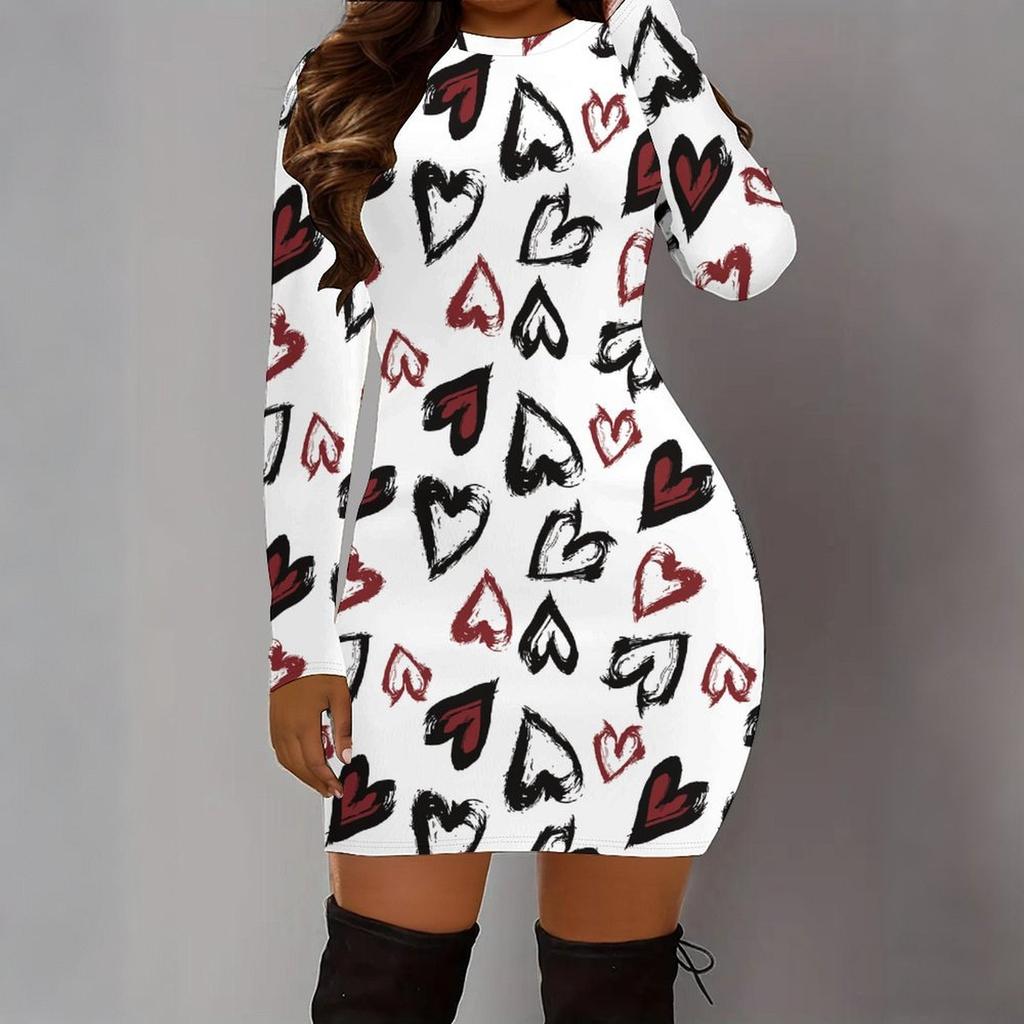 Podzim a zima 2025 Nové dámské módní šaty s 3D potiskem a barvením s motivem srdce, s dlouhým rukávem, kulatým výstřihem, obepínající boky, limitovaná edice ke Dni svatého Valentýna
