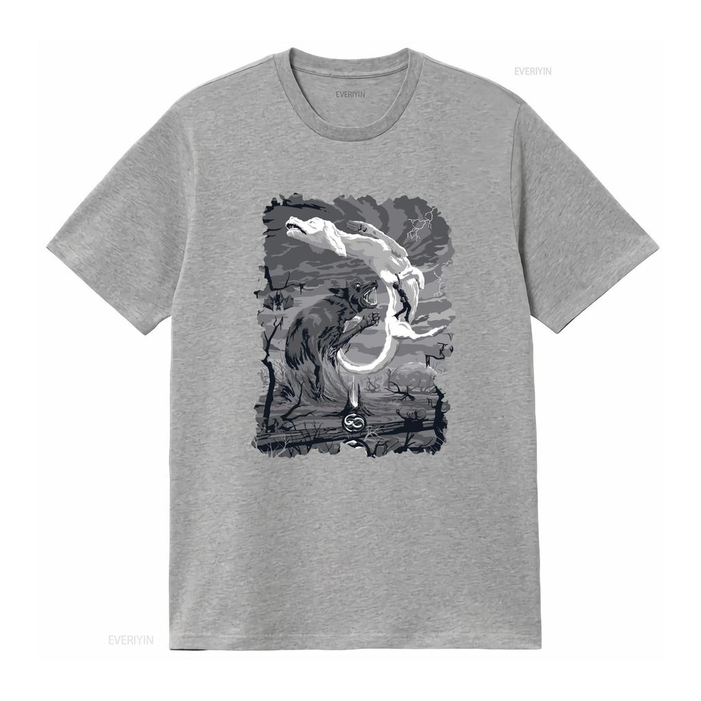 Gothic Dark Fantasy Black White Wolf Print Casual Streetwear T Shirt Vintage Washed Comfortable Top For Everyday Wear Fashion