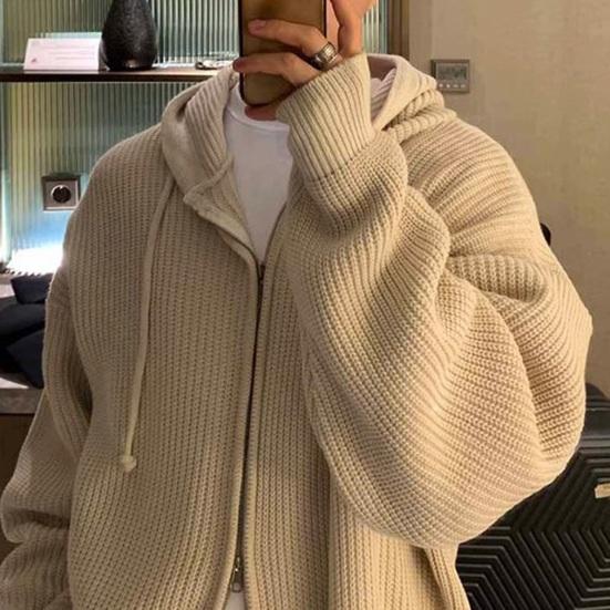 Men Fall Winter Sweater Coat Hooded Drawstring Loose Zipper Closure Long Sleeves Drawstring Mid Length Solid Color Retro Knitted Jacket