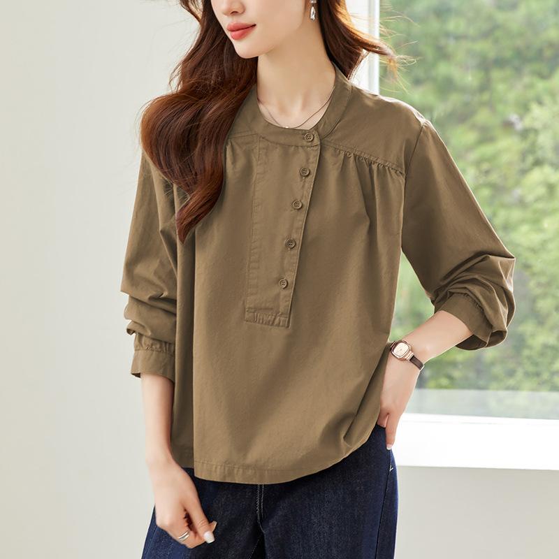 Cotton Shirt Pullover Top Crew Neck Long Sleeve Shirt Commuter Loose Top