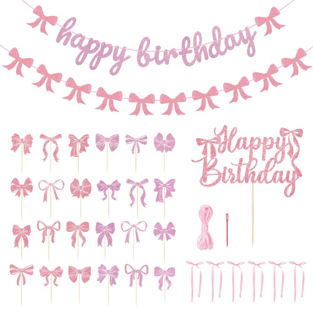 

6 Satin Bows Coquette Birthday Decorations Cupcake Toppers for Girls Party Dessert Table Decor