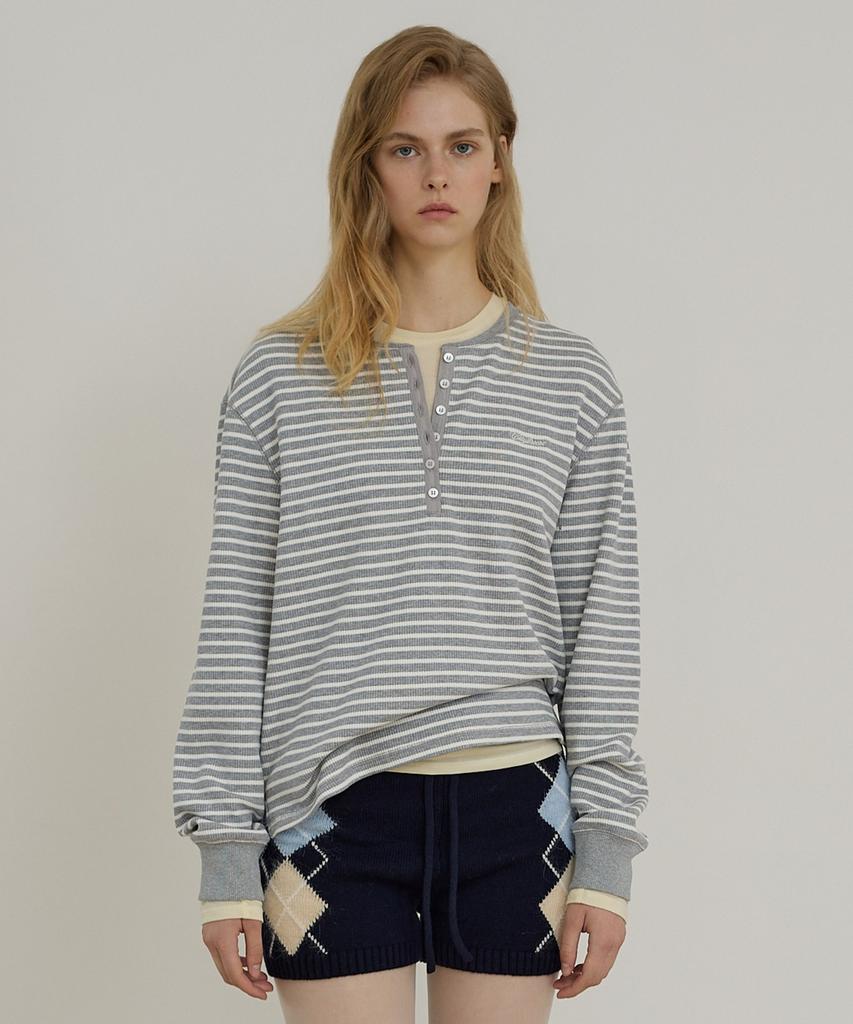 CITYBREEZE Striped Henley Neck Loose Fit T-Shirt_Melange Grey