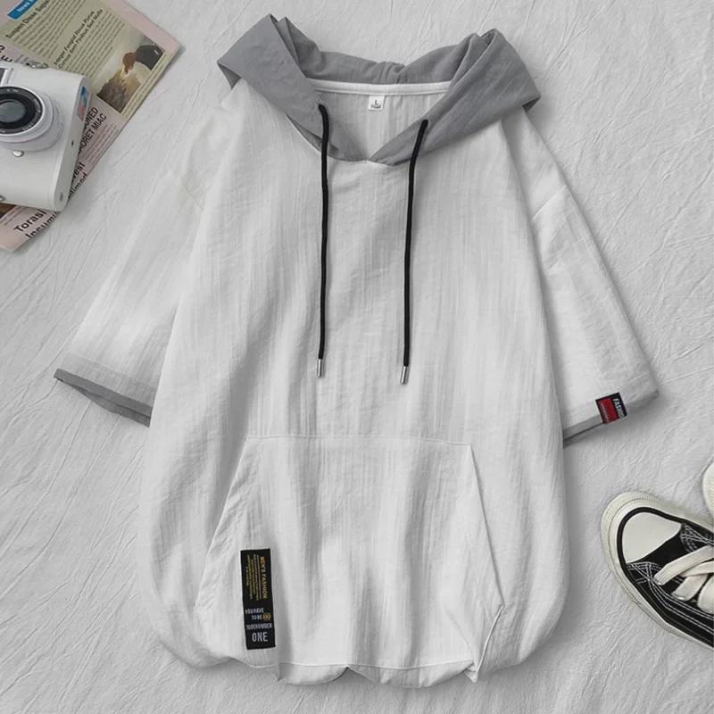 

Мужская модная толстовка с коротким рукавом и капюшоном - летний топ свободного кроя в японском стиле XXL