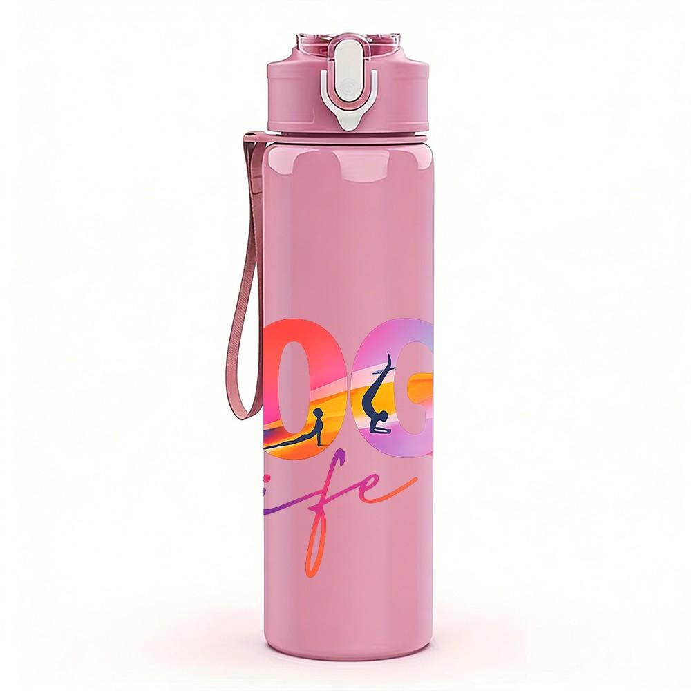 1PC Rainbow Yoga Life Letter Print 750ml Color Plastic Sports Water Bottle Leakproof Flip Straw Lid Suitable for Sports Office Home Use