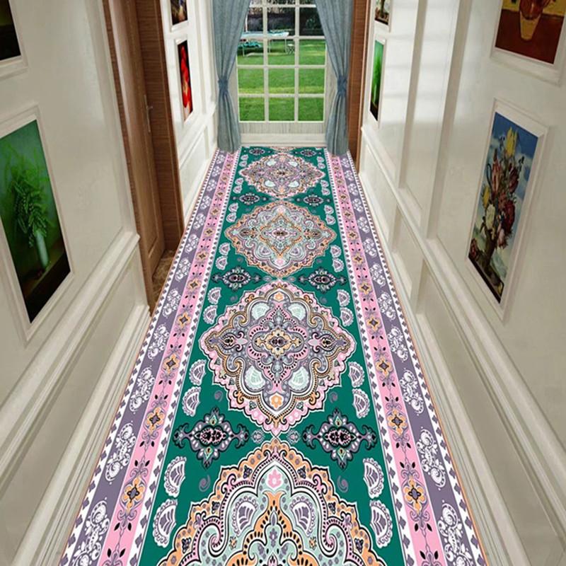 Vintage Böhmischer Stil Extra-Langer Läuferteppich - Rutschfest, Polyestermatte mit filigranen floralen Mustern Perfekt für Hoteleingänge, Flure