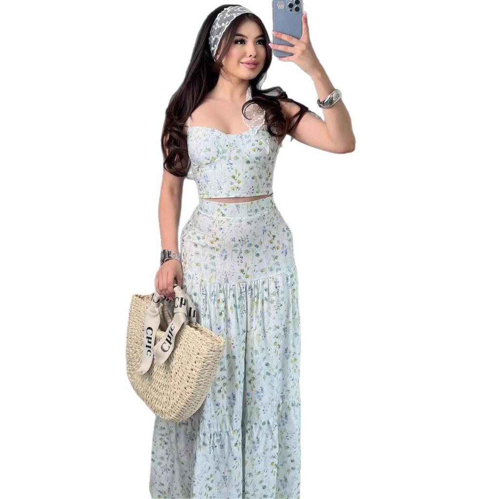 2025 summer European and American cross-border women's clothing new French slim-fit suspender halter top floral dress set