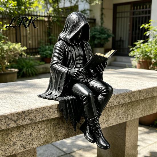 Zittend Magere Hein Model Gotische Dark Fantasy Figuur, Lezend Met Kap Standbeeld, Hars Skelet Standbeeld Halloween Figuurtje voor Boekenkast Huisdecoratie