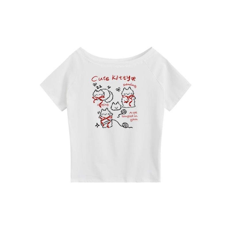 White slanted shoulder off-shoulder short-sleeved T-shirt women s summer new cartoon kitten print casual loose top S