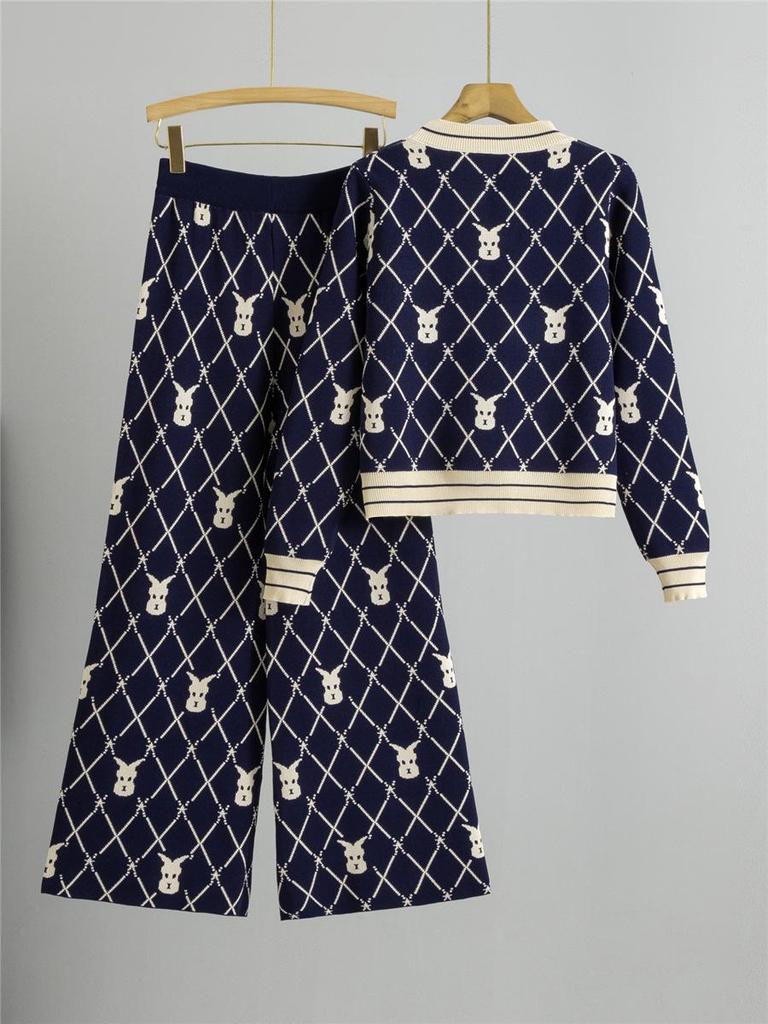 Women's Autumn/Winter Knitted Cardigan & High Waist Wide-Leg Pant Set - Little Fragrance Style Two-Piece Sweater Coat.