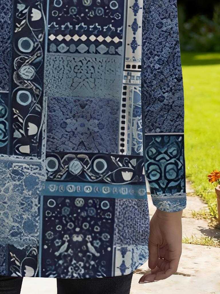 Women's ethnic style splicing printed long-sleeved top, women's loose and casual, spring and autumn new fashion versatile trendy products