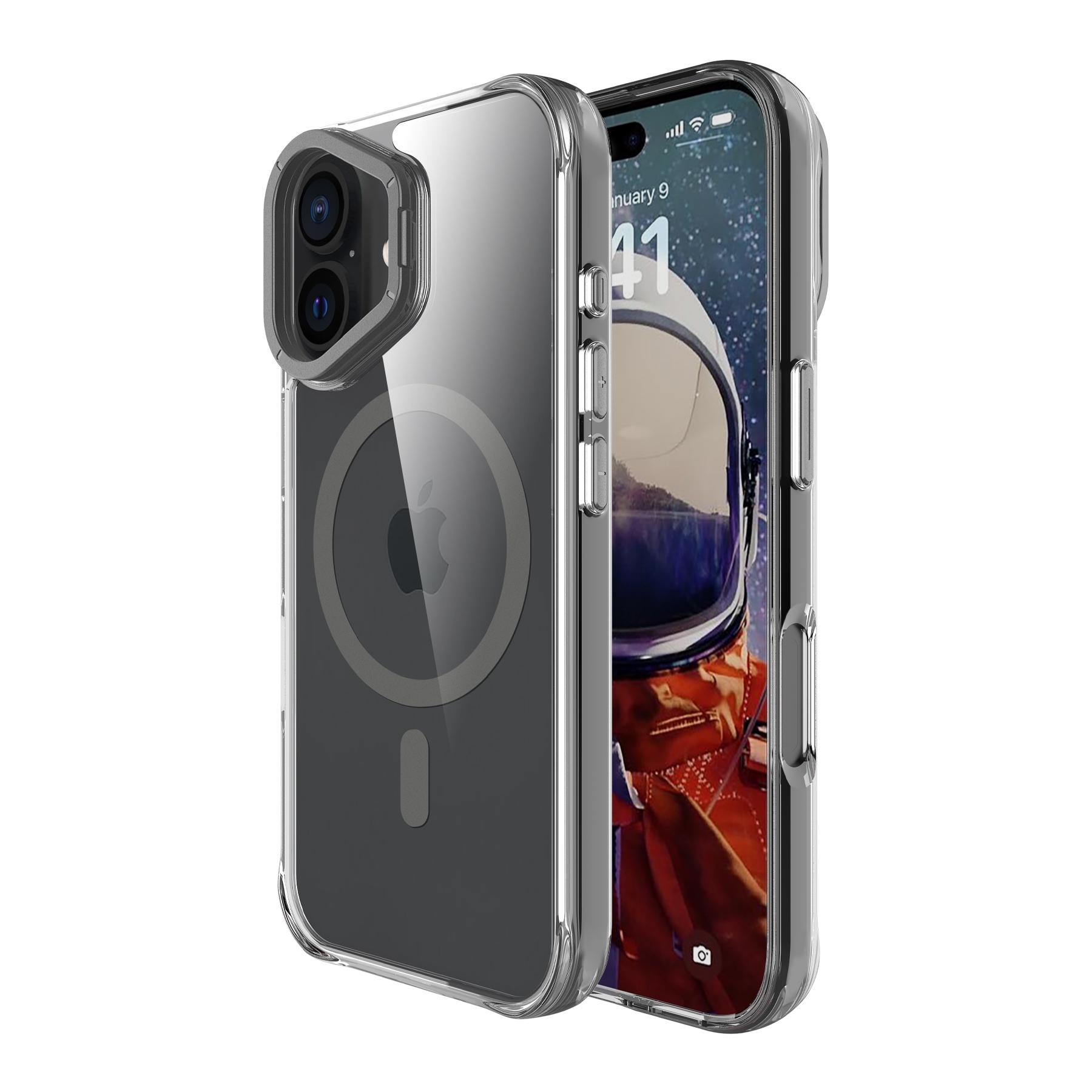 

For iPhone 16 Magnetic Case Shockproof TPU+PC Phone Back Cover with Metal Lens Kickstand Silver