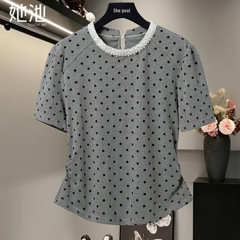 Women s Lace Round Neck Polka Dot T-shirt M