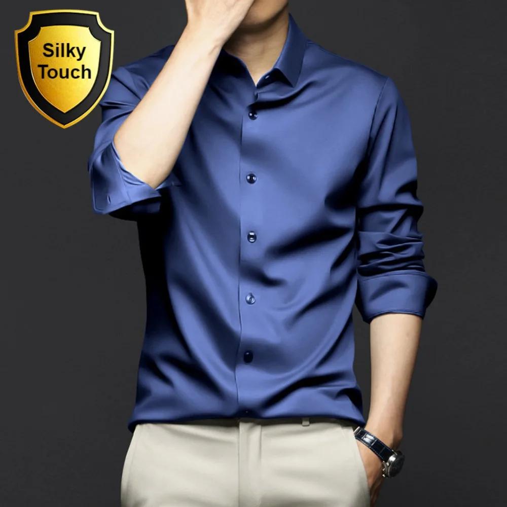 

Чоловічі сорочки Однотонний щоденний простий одяг Еластичність для бізнесу Довгий рукав Тонкі чоловічі топи для активного відпочинку L темно-синього кольору