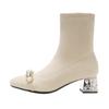 Bottines en Daim pour Femmes Bout Carré Talons Mi-Hauts en Cristal pour Femmes Strass Perle 2025 Tendance Élégante Robe Hiver Talons Hauts
