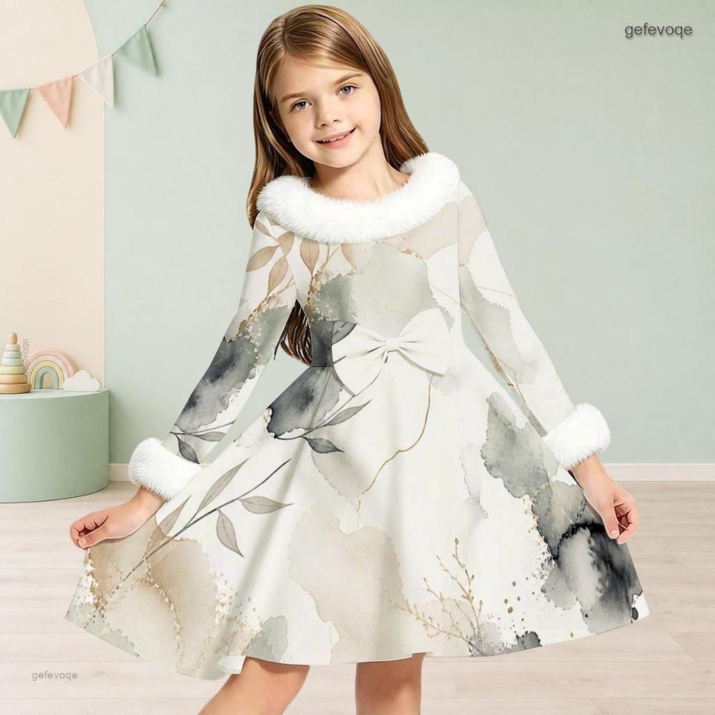 Girls Off White Printed Long Sleeve Fur Collar Bow A Line Flared Dress
