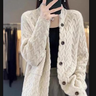 Women's Thick Cable Knit Stand Collar Cardigan Sweater - European Style, Long Sleeve, Loose Fit, Solid Color, Wool