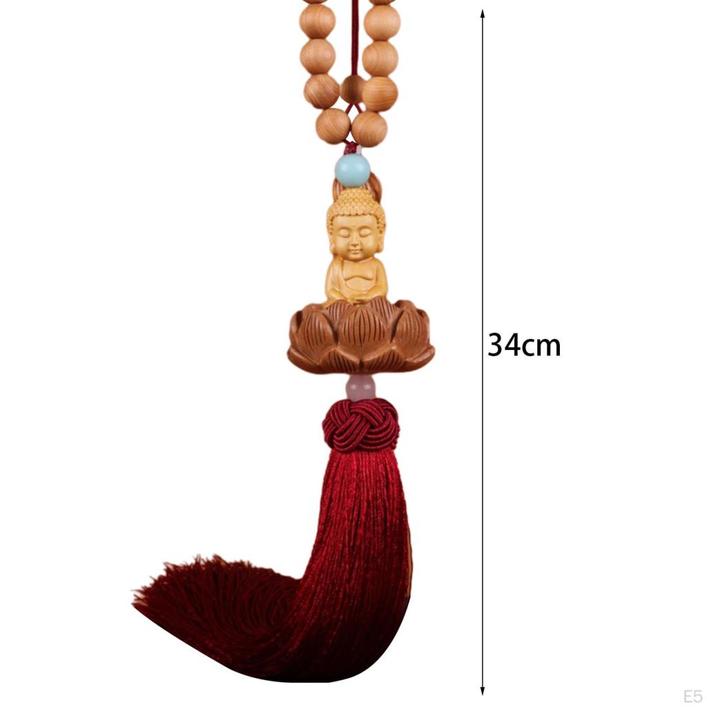Lotus Beaded Car Pendant Rear View Mirror Statue, Wooden Sculpture Hanging Decoration