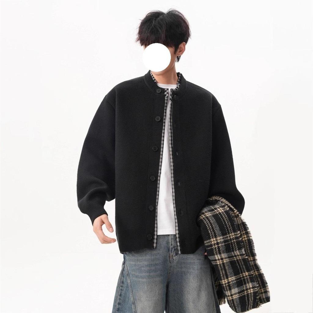 Men's Retro Patchwork Knit Cardigan - Autumn/Winter Trendy Loose Fit, Casual Button-Up Two-Piece Sweater.