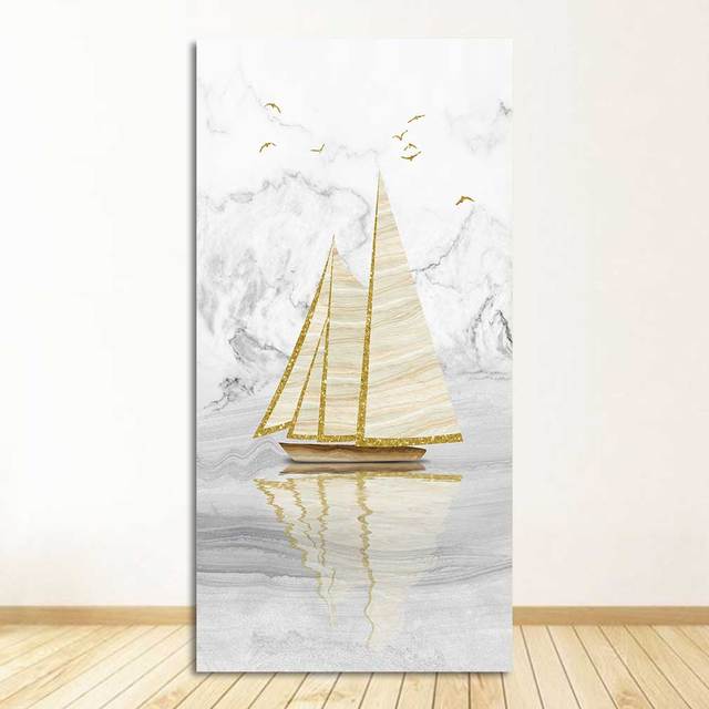 Painting Minimalist Landscape Poster Print Nordic Wall Art Picture Entrance Decoration Abstract Golden Sailing Boat Canvas