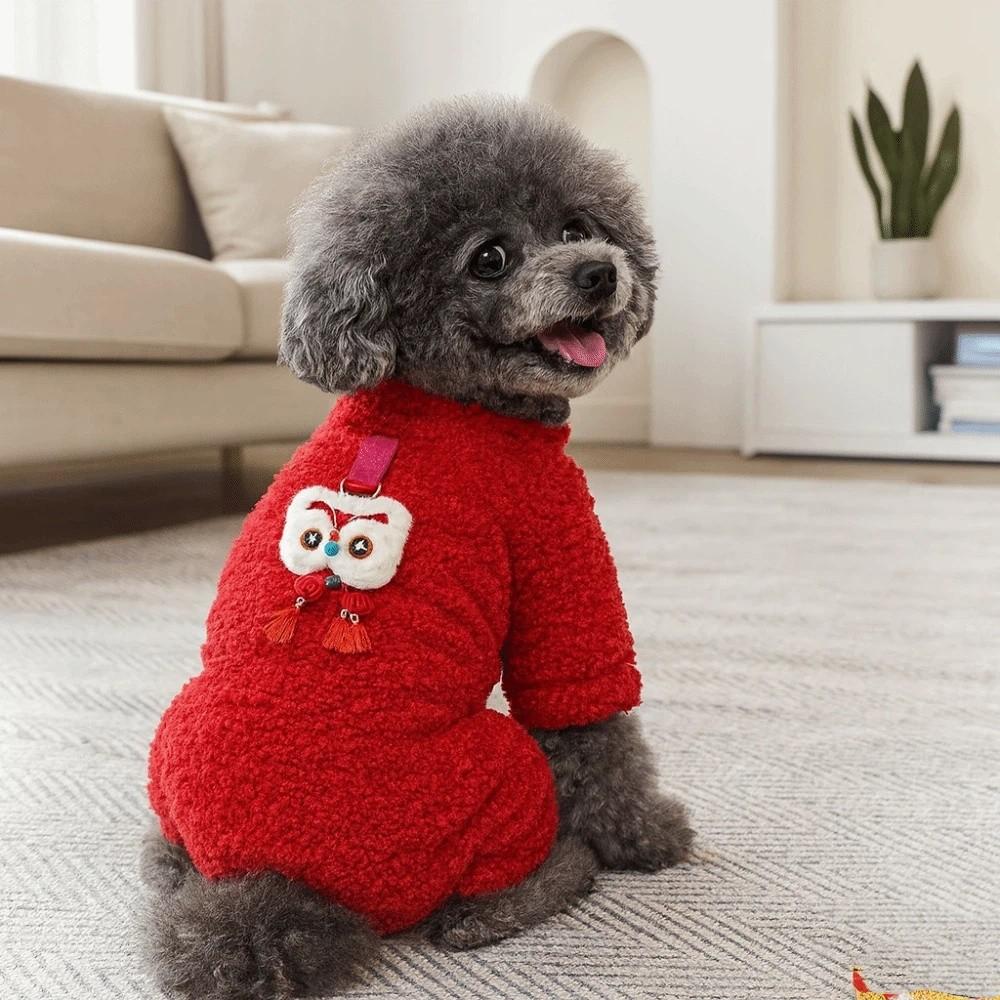 Thicken Dog New Year Costumes Double-sided Velvet Soft Dog Jumpsuit with Traction Ring Lion Dance Dog Warm Hooie Party