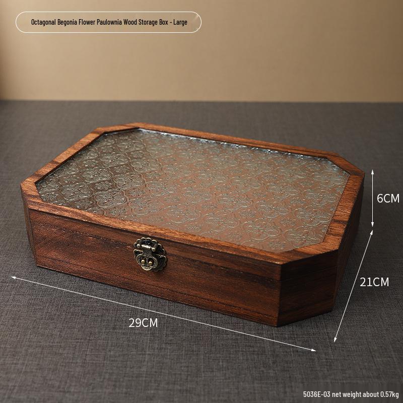 Retro Begonia Glass Lid Wooden Storage Box for Cosmetics, Snacks, Candy, and Documents - Dustproof and Multifunctional
