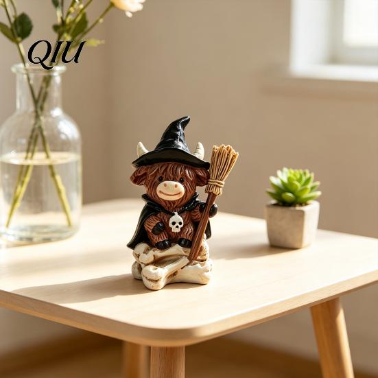 Cute Cow Gifts 2Pcs Halloween Highland Witch Ornament, Resin Figurine with Hat Pumpkin Broom Broomstick Figurines & Skull, Farmhouse Tabletop
