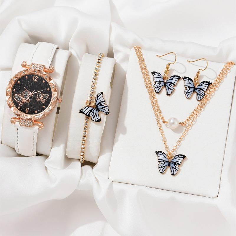 Ladies Watch, Butterfly Face Bracelet Necklace Set, Trendy Ladies English Watch Women's Watch