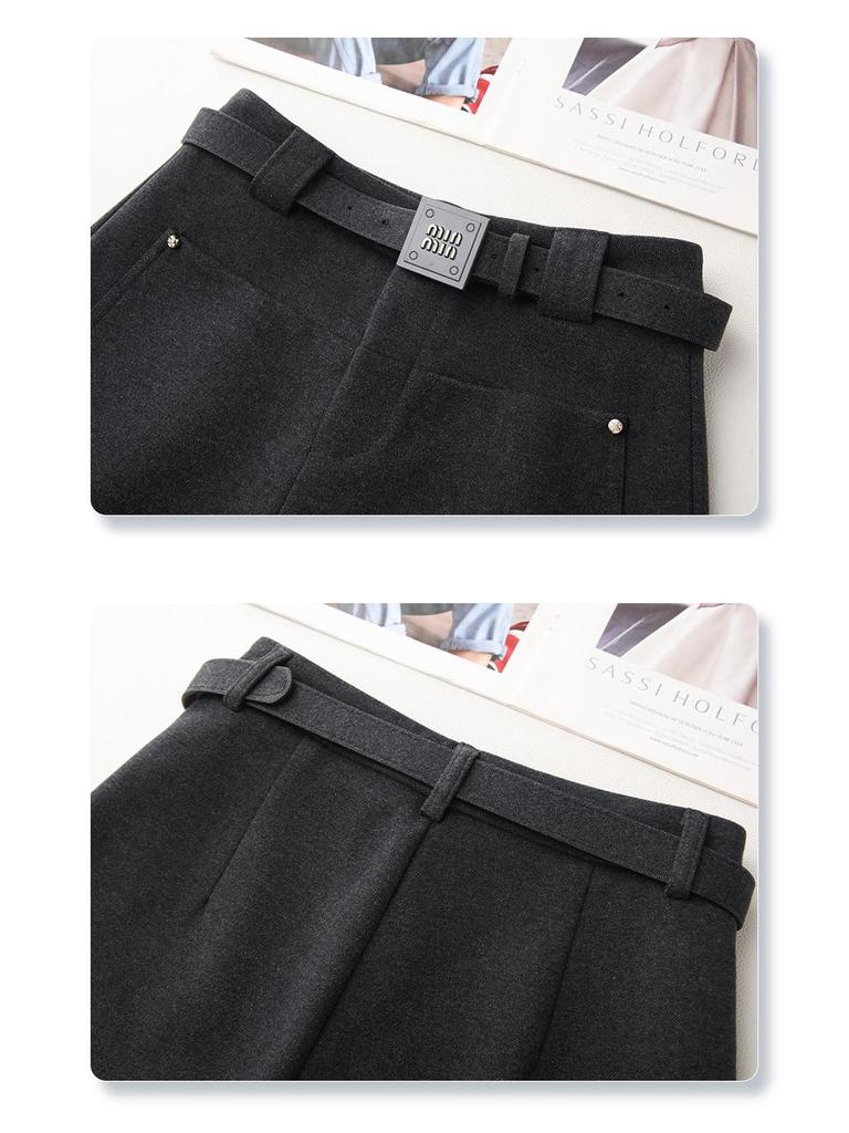 Women's Gray Woolen Straight-Leg Pants & A-Line Booty Shorts - Slimming, Autumn/Winter 2024 Collection