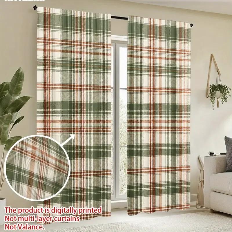 Set Of 2 Green Checkered Curtains Design Protecting Privacy Suitable Decorating Various Scenes Curtain With Pole Pocket Polyester