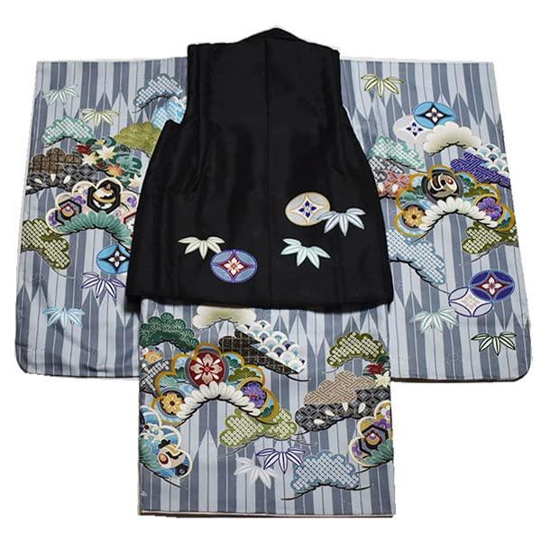Kimono Set for Boys Includes Sandals and Drawstring Bag Gray with Arrow Pattern and Helmet Design [Stylish Iroha] 6-Piece (Shichi-Go-San) - -
