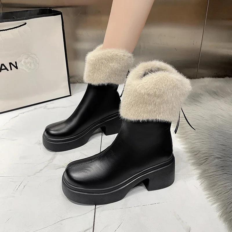 Fashion High Quality Female Footwear 2024 Winter Simple Fashionable High Heel Women's Boots Comfortable and Warm Furry Modern Boots