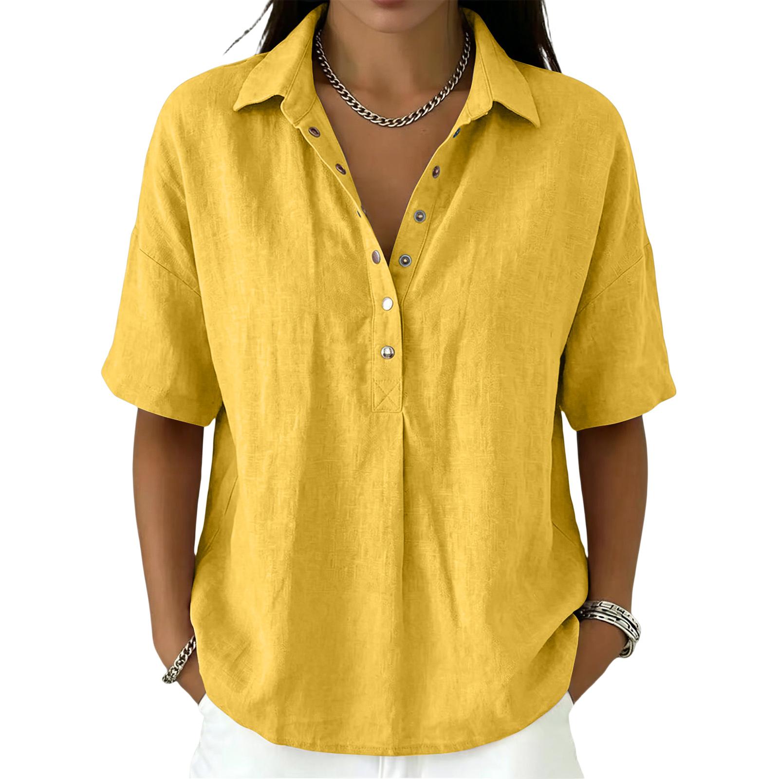 

Women s Fashionable Loose-Fit Short-Sleeve Casual Shirt With Half-Zip M жовтий