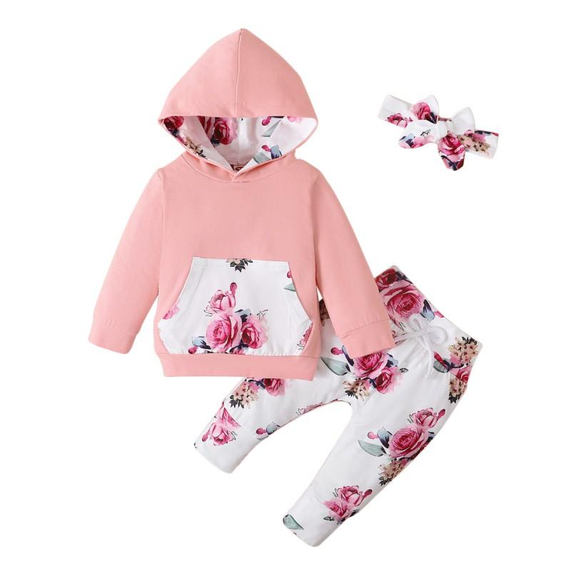 

Весенний комплект одежды для маленьких девочек, топы с капюшоном и цветочным принтом, брюки с цветочным принтом, повязка для волос, повседневная осенняя детская одежда, костюм L/90