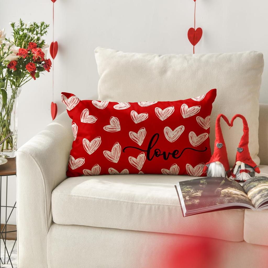 AVOIN colorlife Valentine's Day White Love Heart Throw Pillow Cover, 12 x 20 Inch Red Anniversary Wedding Cushion Case Decoration for Sofa Couch