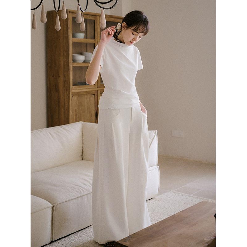 Lyocell Linen High-Waist Wide-Leg Casual Pants Small белый