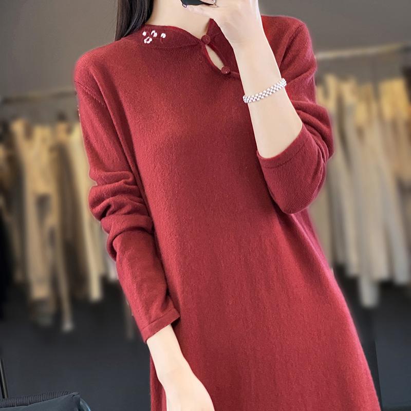 Women's Cashmere Dress Qinghe Cashmere 70% Wool 30% Cashmere Women's Autumn and Winter Cashmere Dress Soft and Warm