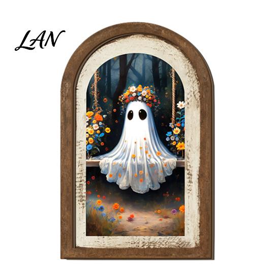 Halloween Entrance Cabinet Decor Ghost/Witch Arched Wall Decor, Cute Ghost Table Sign, Rustic Farmhouse Shelf Retro Room Decorative Hanging