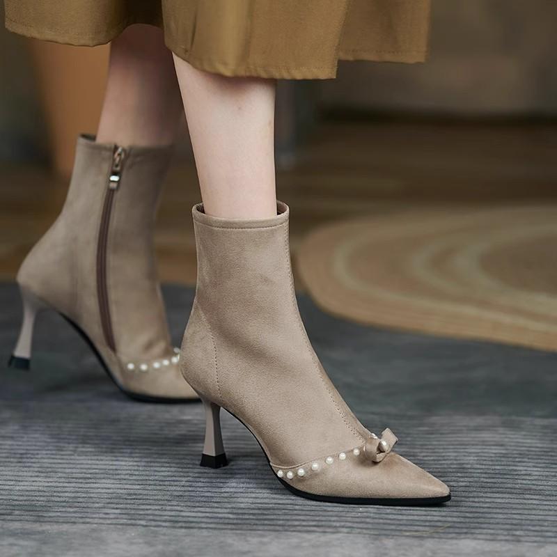Light Luxury Pointed High Heel Short Boots Women's Pearl Black Suede Thin Heel Elastic Thin Boots Temperament Celebrity Boots Shoes