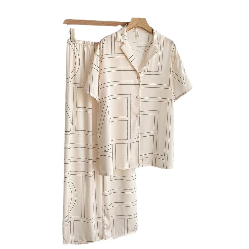 11 Summer ice silk thin pajamas women's short-sleeved trousers cardigan large size light luxury high-end sense can be worn outside loungewear cover